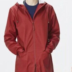 ☂︎ RAINS Long Waterproof Hooded Raincoat | Matte Burgundy | S–M
